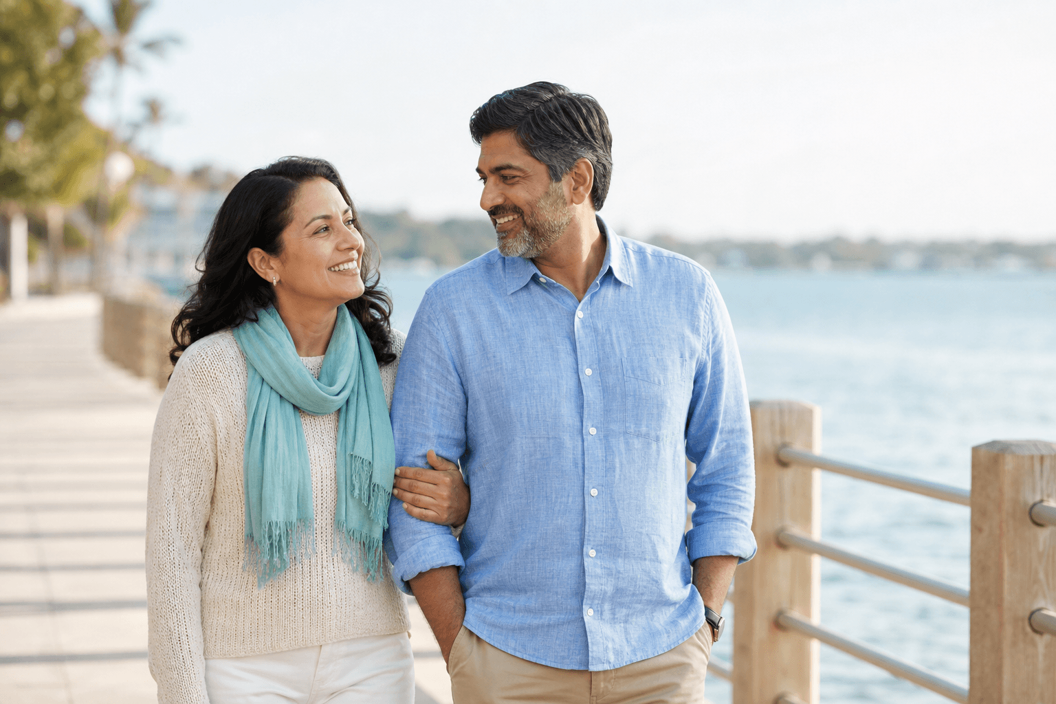A midlife Latina woman and South Asian man walk arm-in-arm along a bright waterfront path in soft morning light