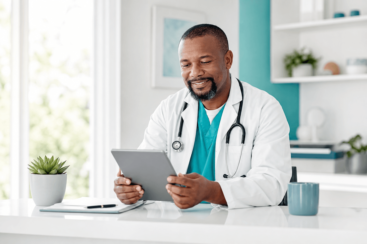 A Black male healthcare provider in a white coat reviews lab results on a tablet in a bright, modern clinic