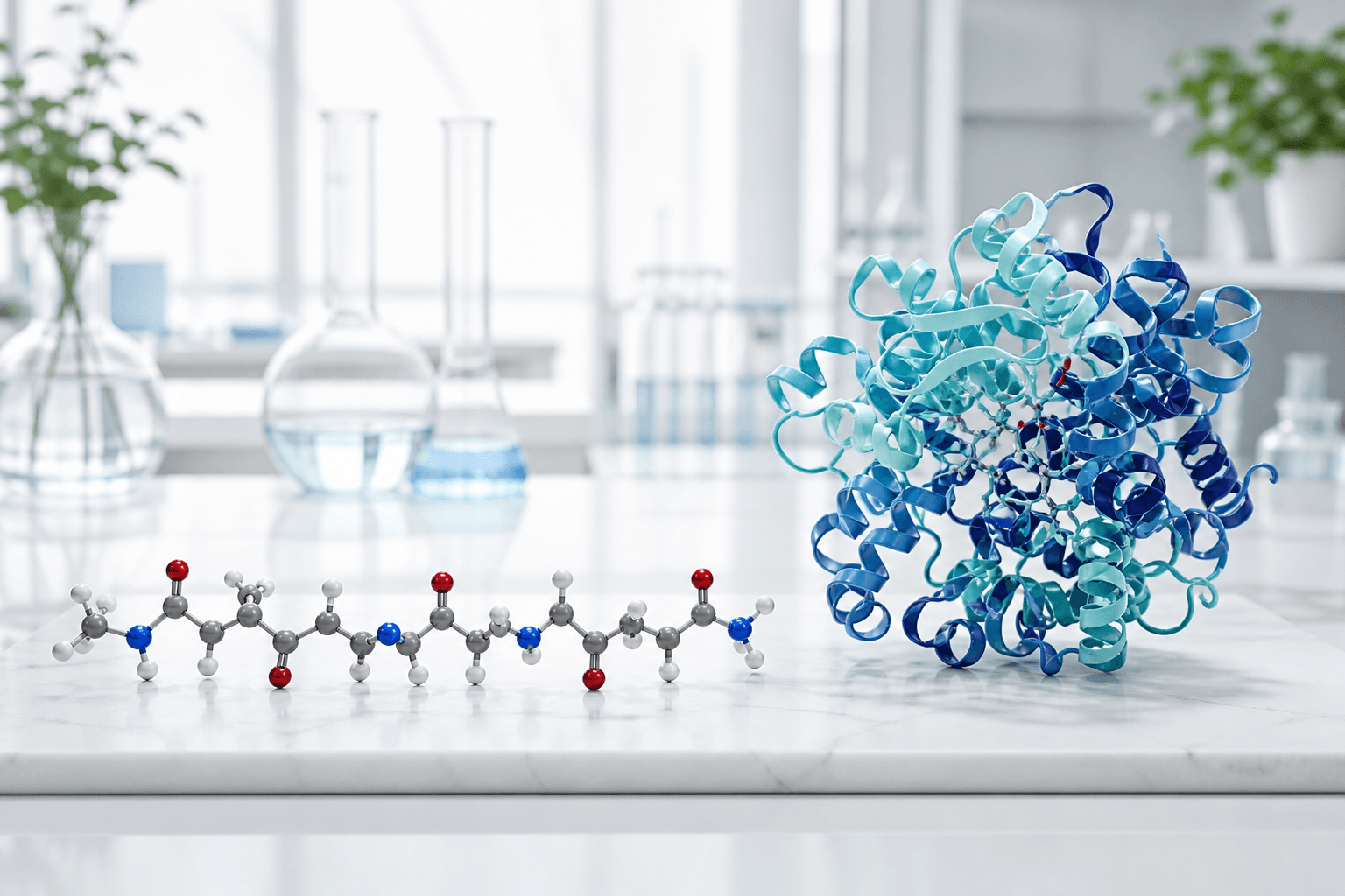 Close-up of amino acid molecular models arranged in a short chain beside a longer protein structure in a bright laboratory setting