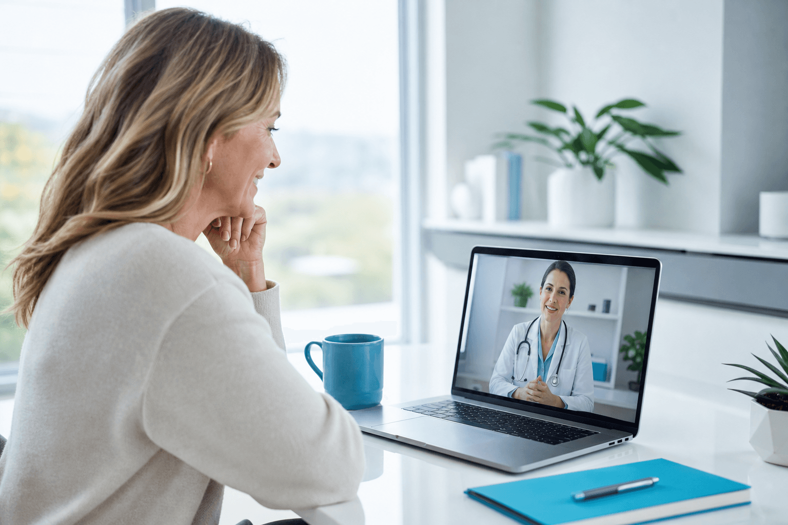 A woman smiles during a laptop video call with a healthcare provider in a bright home office