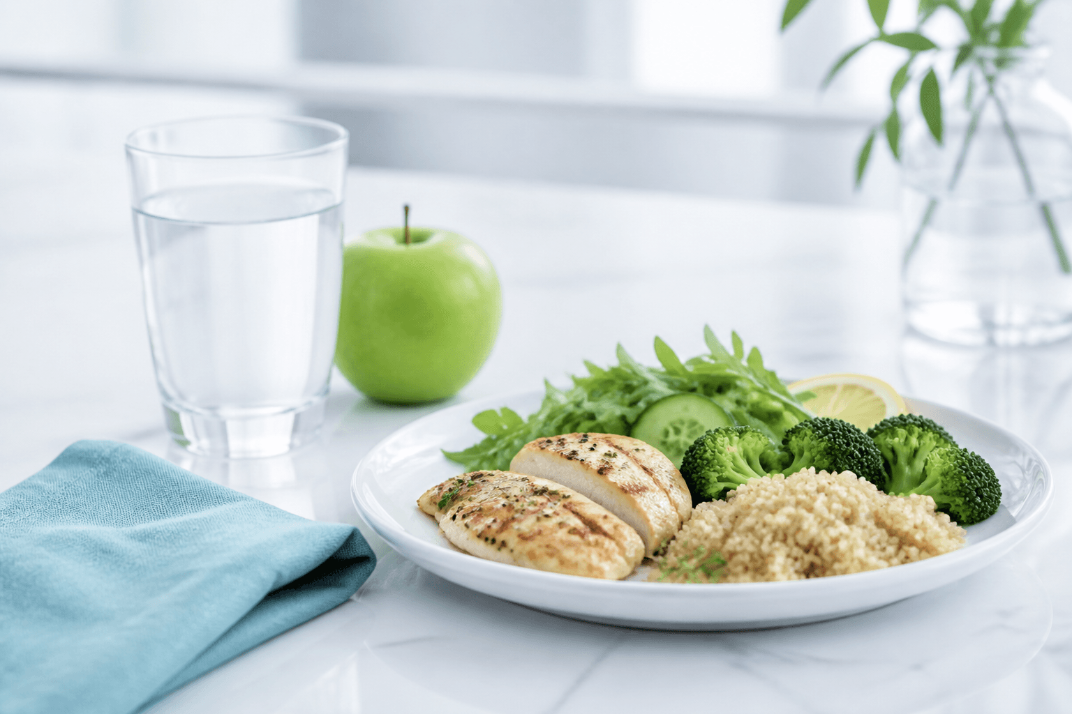 A clean still-life of a healthy plated meal, a glass of water, and a green apple on a white surface