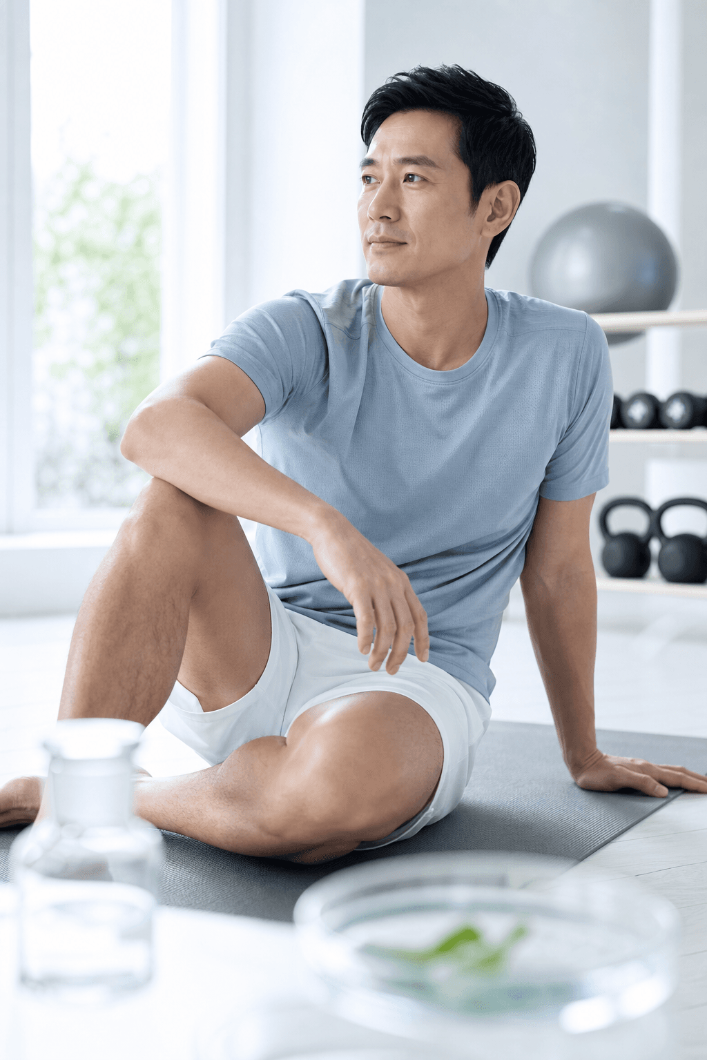 An East Asian man in light athletic wear recovers after exercise in a bright, minimal space with clean lab glassware in the foreground